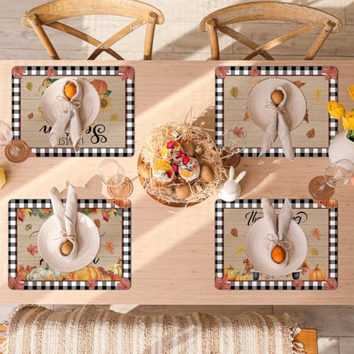 Fall Placemats Set of 6 Buffalo Plaid Plastic Table Mat 17×13×0.04in (6 Count)