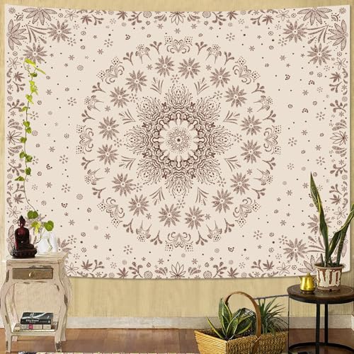 Boho Floral Mandala Tapestry Wall Hanging Bohemian Flower Medallion Tapestry Aesthetic Beige Brown Hippie Indian Small Tapestries for Bedroom Living Room Dorm Decor 80 x 60 Inch