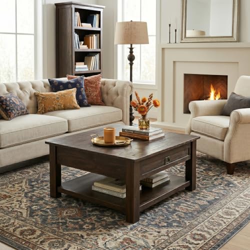 Monroe 38" Wide Solid Acacia Wood Coffee Table in Charcoal Brown