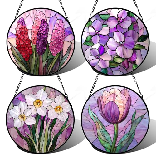 Stained Glass Window Hanging 4 Pcs Set Purple Flower Theme 6.3"