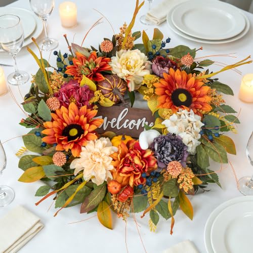 Artificial Harvest Fall Wreaths for Front Door 24 Inch Autumn Wreath