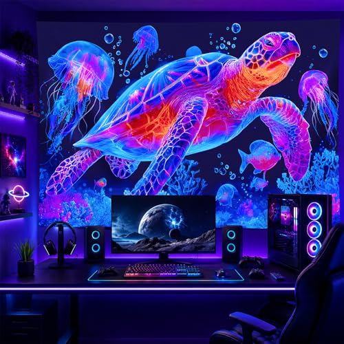 Blacklight Tapestry Turtle Ocean Room Wall Art 78 x 59 Inch