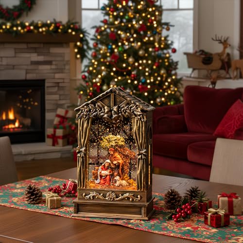 Christmas Snow Globe Swirling Glittering Holy Family Manger Scene