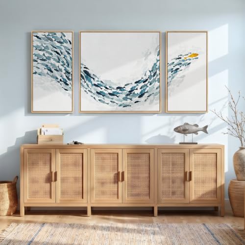 Extra Large 3 Piece Framed Blue White Coastal Fish Wall Art for Living Room (3 Count)