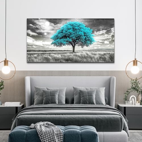 Modern Canvas Print Wall Art Blue Tree Painting Full Of Stars Black And White Art pictures Natural Landscape Wall Decoration Suitable For Living Room Bedroom Office Framed Stretch 20x40 In