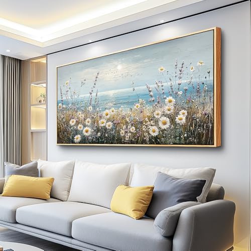 Large Canvas Wall Decor For Living Room Restaurant Wall Art For Bedroom Office Mural Blue Ocean Painting Flowers Watercolour Wall Pictures Printing Artworks Home Decor Wood Framed 24x48In