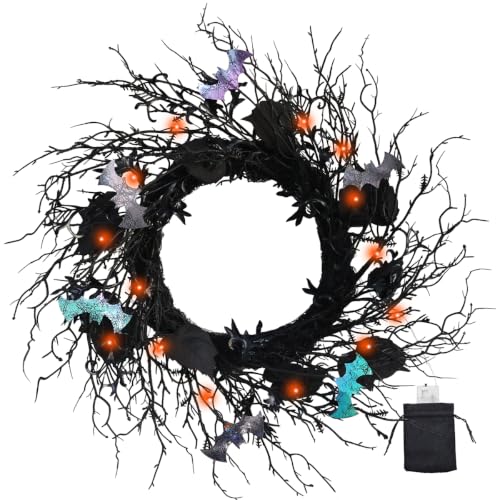 20 Inch Black Twig Halloween Wreath with 30 Orange LEDs and 6 Bats