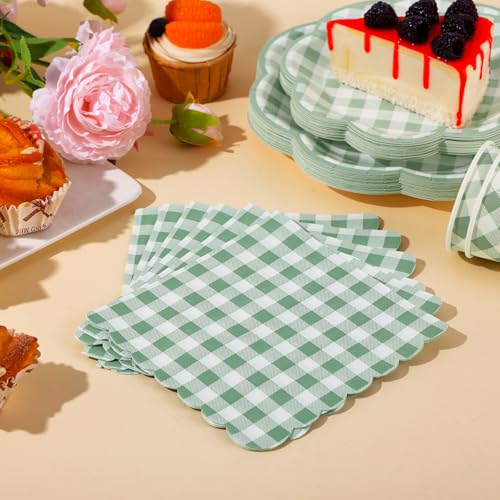 175 Pcs Sage Green Gingham Paper Plates and Napkins Party Supplies (175 Count)