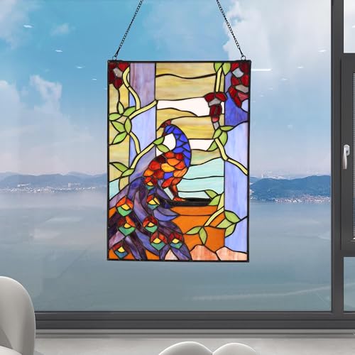Stained Glass Window Hanging 16" H x 11" W Tiffany Style Rectangular Window Panel Suitable for Living Room Bedroom Kitchen Window Decoration Hangings with Chain