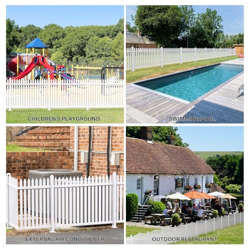 4 Sets Vinyl Picket Fence Panels 36" H x 84" W White PVC Decorative Fence for Front Yard Porch Patio Deck Pool Air Conditioner Fence Safety Dog Fence