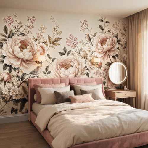 Retro Peony Floral Peel and Stick Wallpaper Mural for Bedroom