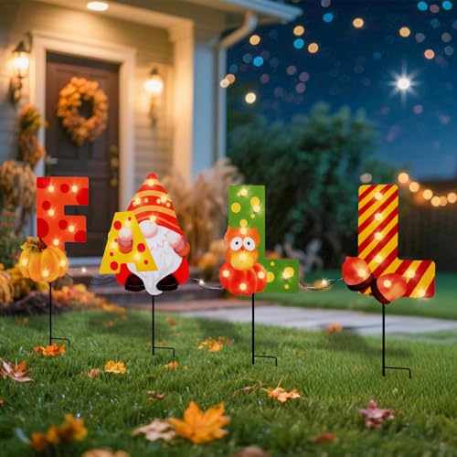 Fall Yard Stakes with LED Light Gnome Sign (4 Count)