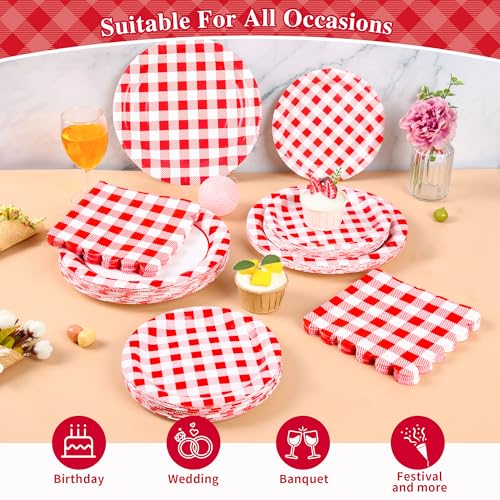 200Pcs Christmas Red Gingham Party Supplies Red Gingham Paper Plates and Napkins Cups Plaid Party Plates Disposable Reds and White Checkered Plates for Christmas Birthday Family Picnic (200 Count)