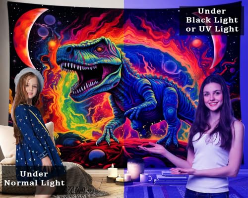 Blacklight Dinosaur Tapestry Wall Hanging Black Light Tapestries Uv Glow in the Dark Dino Poster for Teen Boys Room Bedroom 39.1" L x 59.1" W