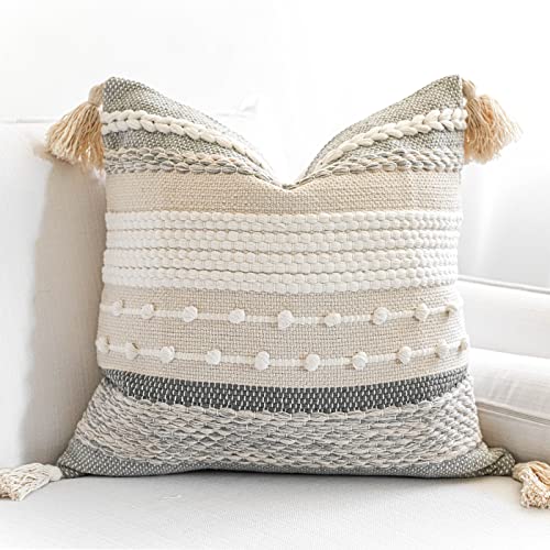 Gray Boho Throw Pillow Cover 18x18 Grey Decorative Accent Pillow for Couch Square Woven Textured Pillowcase Modern Farmhouse Pillow for Bed Bohemian Pillow Cover