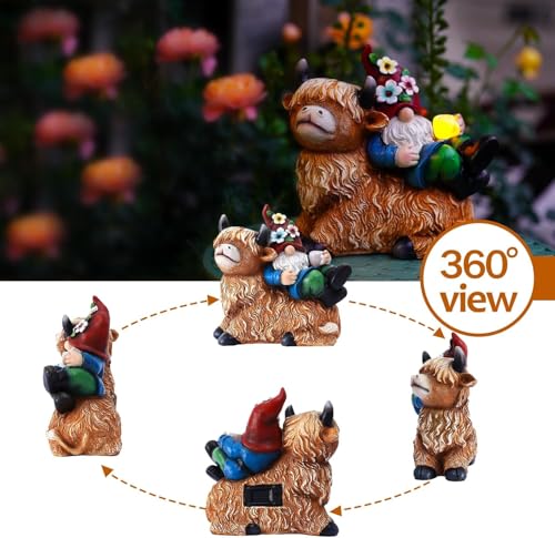 Garden Gnomes Decor Outdoor Statues Gnome on Highland Cow Hold Solar Cup Light Outdoor Decorations for Patio