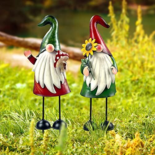 Metal Gnome Yard Art Outdoor Gnomes Garden Statue 18 Inch Gnome Figurine Decorative Stakes for Holiday Christmas Lawn Patio Yard Garden Decor (2 Count)