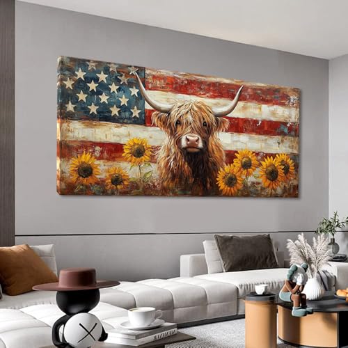 Country Highland Cow Wall Art for Living Room Rustic Retro Vintage American Flag Sunflower Canvas Painting Prints Highland Cattle Artwork Farmhouse Bedroom Office Decor