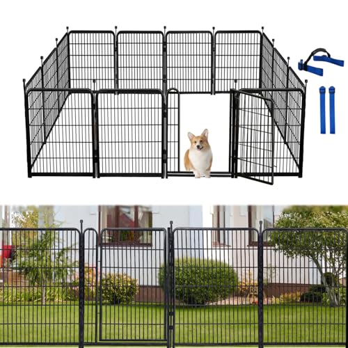 32 in(H) Dog Fence Outdoor For Yard, 21 in Wide Low Threshold Gate, 12 Panels Total 26.6 Ft(L) Fencing For Garden Beds, Animal Barrier Fence, Dog Pen Indoor or Outdoor,Landscape Fence Border (72 Sq Ft)