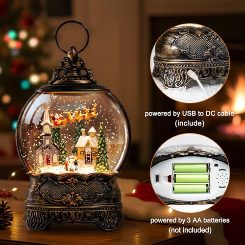 Christmas Snow Globes Lantern Snow Globe with Music Water Lantern Santa Flying Scene Elk Lighted Swirling Water Glitters Snowglobe Christmas Decoration