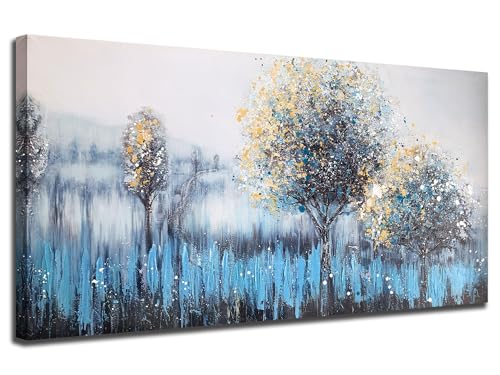 Teal Tree Canvas Wall Art Textured Nature Painting Wall Decor 48"x24"