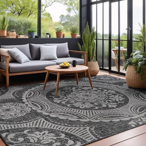 Medallion Outdoor Rug 10x14 Washable Outside Carpet for Indoor Patio Porch Waterproof Easy Cleaning Non Shedding Area Rugs Dark Gray 10 x 14