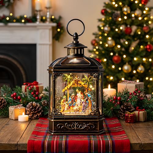 Christmas Snow Globe Swirling Glittering Nativity Scene with Music