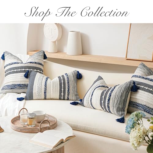 Navy Dark Blue Decorative Throw Pillow Cover 18x18 Square Boho Accent Pillowcase Tassels Farmhouse Cushion for Couch Sofa Bedroom Living Room Home Décor Cover ONLY