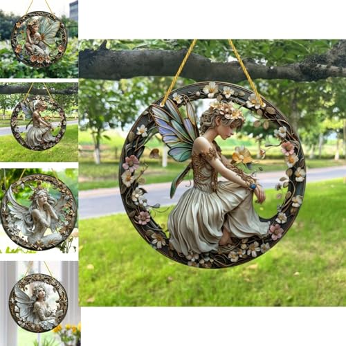 Flower Fairy Garden Decorations Angel Wing Christmas Halloween Deco Statue Art Elf Sculpture Hanging Craft for Outdoor Yard Courtyard Lawn Patio Window Acrylic Ornament Home Gift