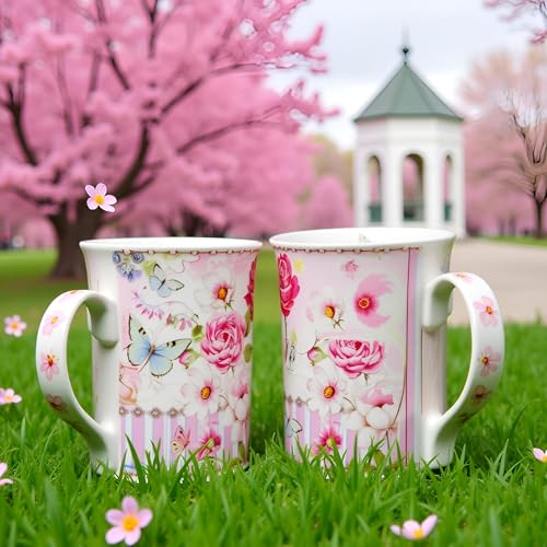 Elegant Bone China Two Coffee Mugs set in floral design (2 Count)
