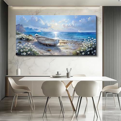 Large Wall Art For Living Room Canvas Wall Decor For Bedroom Office White Flower Seaside Landscape Painting Farmhouse Decorations Wall Pictures Artwork Ready To Hang Home Decor 24"X48"