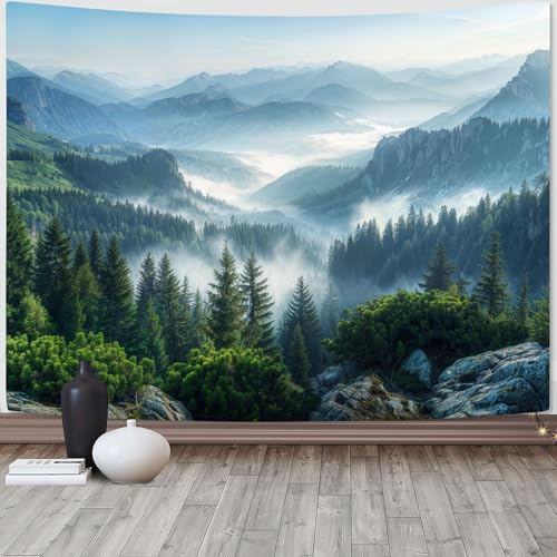 Nature Forest Mountain Tapestry Green Misty Pine Tree Tapestry for Bedroom Aesthetic Foggy Woodlands Sky Landscape Tapestries Wall Hanging for Living Room Dorm 90 x 68 Inch