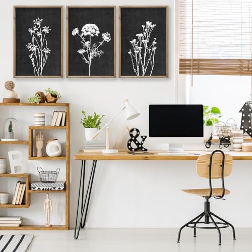 Flower Plant Wall Art Decor 16"x11" Set of 3 Black And White Wood Black