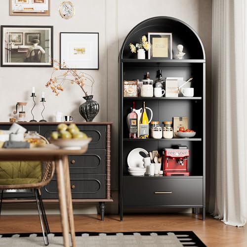 Metal Arched Bookcase with Drawer and 2 Adjustable Shelves