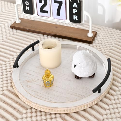 White Wooden Beaded Serving Tray with Handle Decorative Rustic Whitewashed Tray for Coffee Table Farmhouse Round Tray for Kitchen