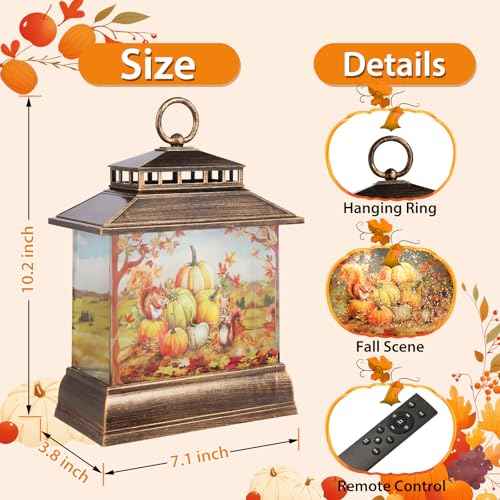 Fall Snow Globe Lantern Thanksgiving Pumpkins and Squirrels Water Lantern with Swirling Glitter 6H Timer Remote Control Fall Decorations for Home Thanksgiving Autumn Harvest
