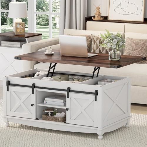 48" Farmhouse Lift Top Coffee Table with Storage Sliding Barn Door & Large Hidden Compartment