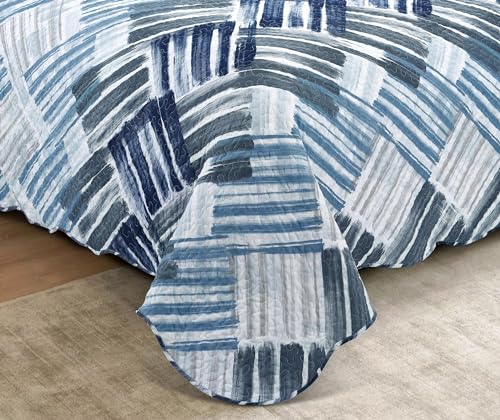 Blue Grey Stripes & Blocks Patchwork Quilt Set (2 Piece Set)