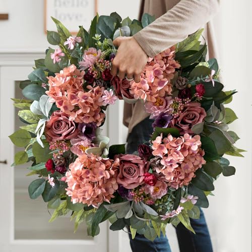 24 Inch Pink Hydrangea Spring Wreath for Front Door