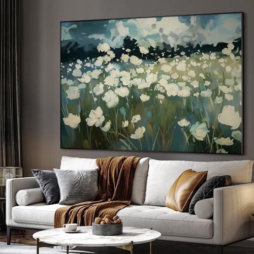 60"x72" Extra Large Framed Wall Art White Wildflower Field in Impressionist Style