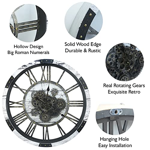 27 Inch Large Wall Clock Farmhouse Wooden Clock with Moving Gears HD Toughened Glass Cover