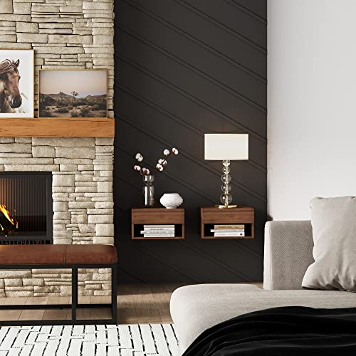 Jackson Wall Mounted Floating Bedroom Nightstand with Storage Drawer and Modern Open Shelf Cubby Set of 2