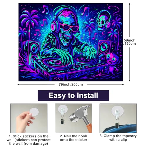 Blacklight Tapestry DJ Skull Party Backdrop 78 x 59 Inch
