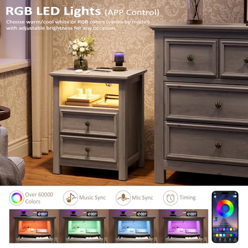 Set of 2 Nightstand with Charger Station Strip Lights