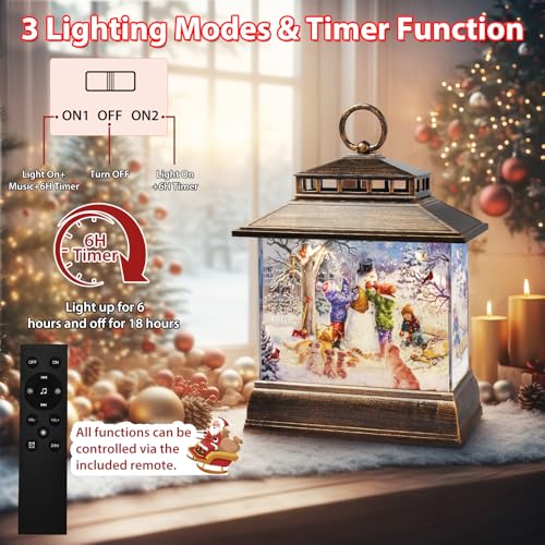 Christmas Snow Globe Lantern Water Glittering Lantern with 8 Songs & 6H Timer Romote Control Christmas Snow Globes USB & Battery Operated for Holiday Festival Decorations Gifts