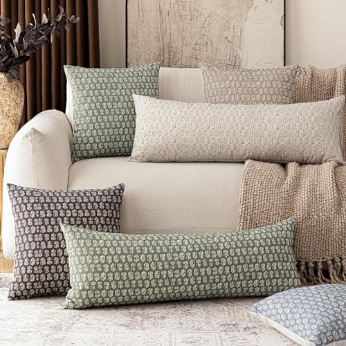 Long Floral Print Lumbar Throw Pillow Covers 14×36 Sage Green (2 Count)