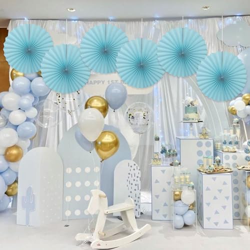 Light Blue Party Decorations Baby Blue Hanging Paper Fans DIY Set 16in