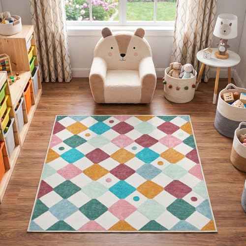 4x4 Square Nursery Rug Washable Kids Rug Colorful Play Mat Confetti (16 Sq Ft)