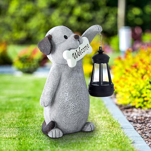 Solar Dog Garden Statue with Lantern Light