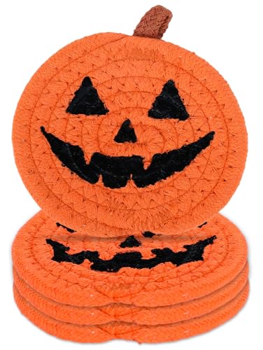 4Pcs Halloween Pumpkin Handmade Braided Cotton Coasters Orange Black Pumpkin Shape Drink Coasters Absorbent Cup Mat for Home Office Party Decor (4 Count)